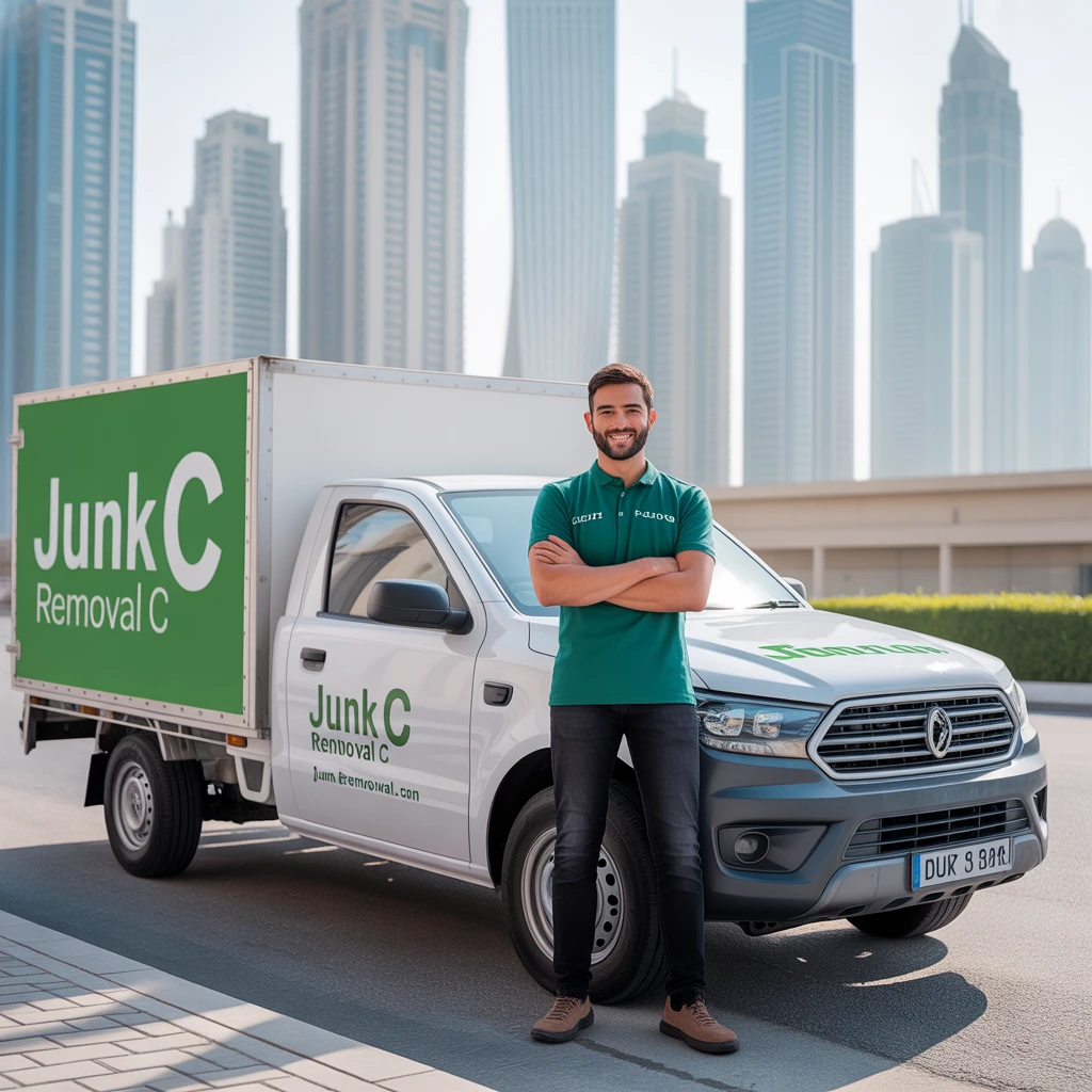 professional junk_removal team standing confidently beside pickup truck clean_small_pickup_tr-0